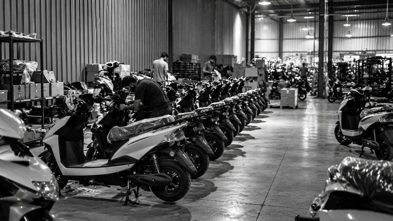 Electric scooters on the assembly line with technicians at work