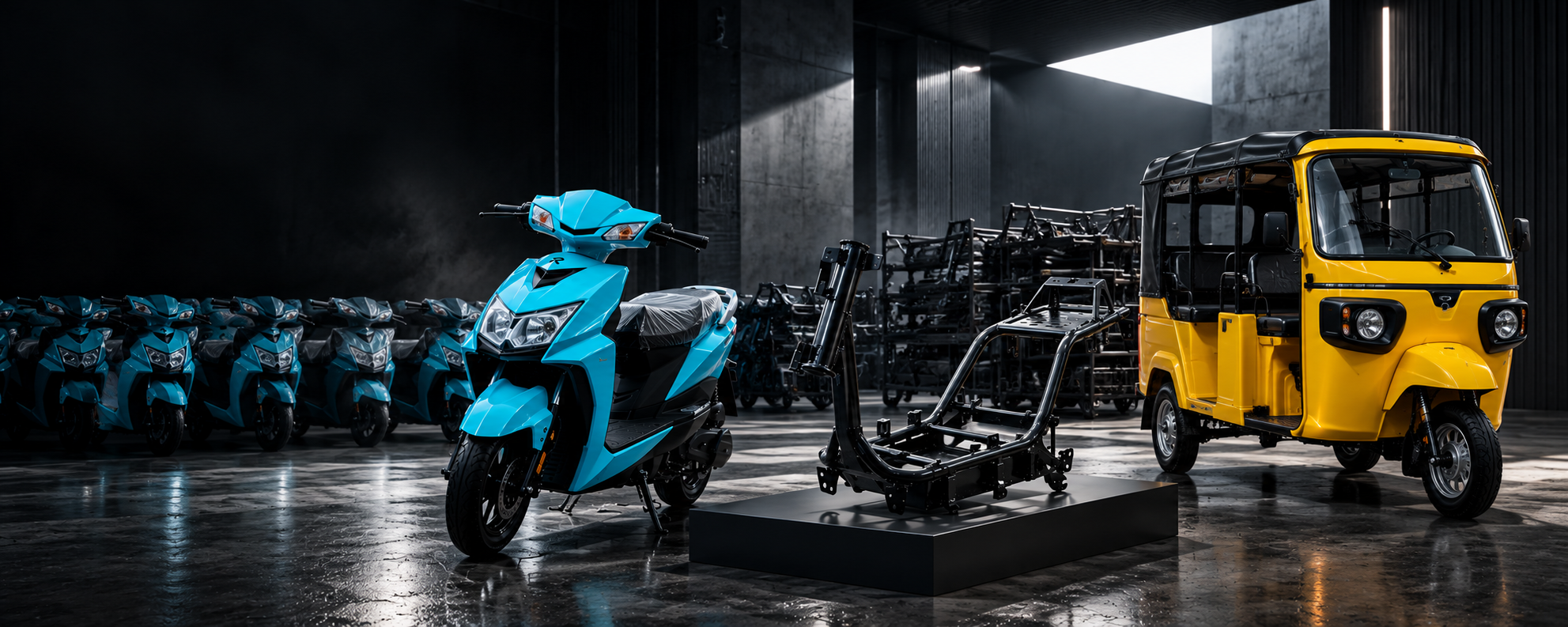 Electric scooters, an exposed two-wheeler chassis on a plinth and an L5 electric three-wheeler in a manufacturing hall